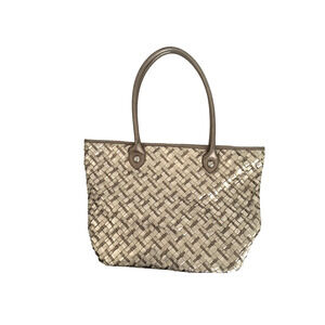 Elliott Lucca Tote Shoulder Bag Metallic Gold Bronze Basketweave Leather Handbag